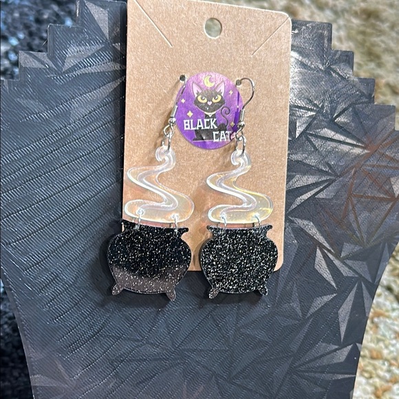 Handmade Glittery Black Witches Cauldron Earrings Spooky Cute Halloween Fall NWT - Picture 5 of 5
